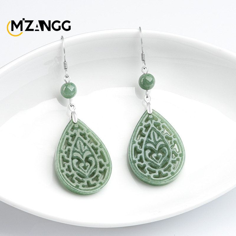 Vintage Fashion Earrings - Natural Jadeite Vintage Hollow Carved Earrings
