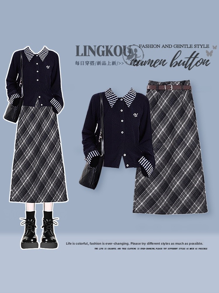 Vintage Fashion Years - Chic Knitted Cardigan And Plaid Skirt