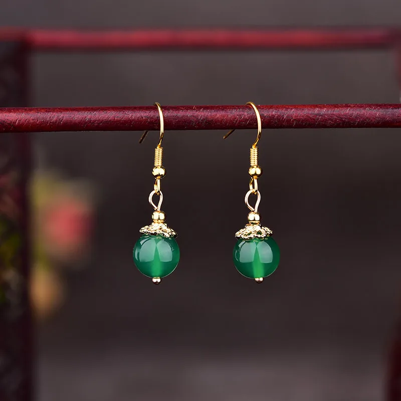 Vintage Fashion Earrings - Green Jade Beaded Earrings Lucky Accessories