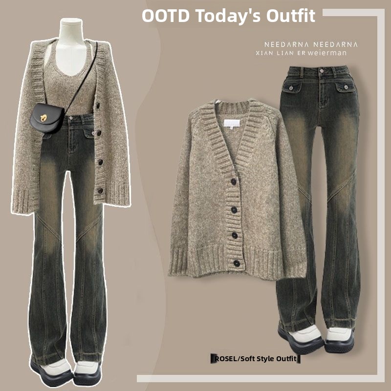 Vintage Fashion Years - Slimming Knitted Cardigan Denim Three-Piece Set