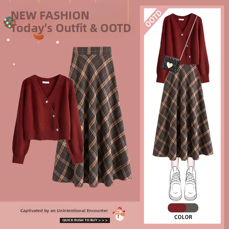 Vintage Fashion Years - Red High Waist Plaid Skirt with