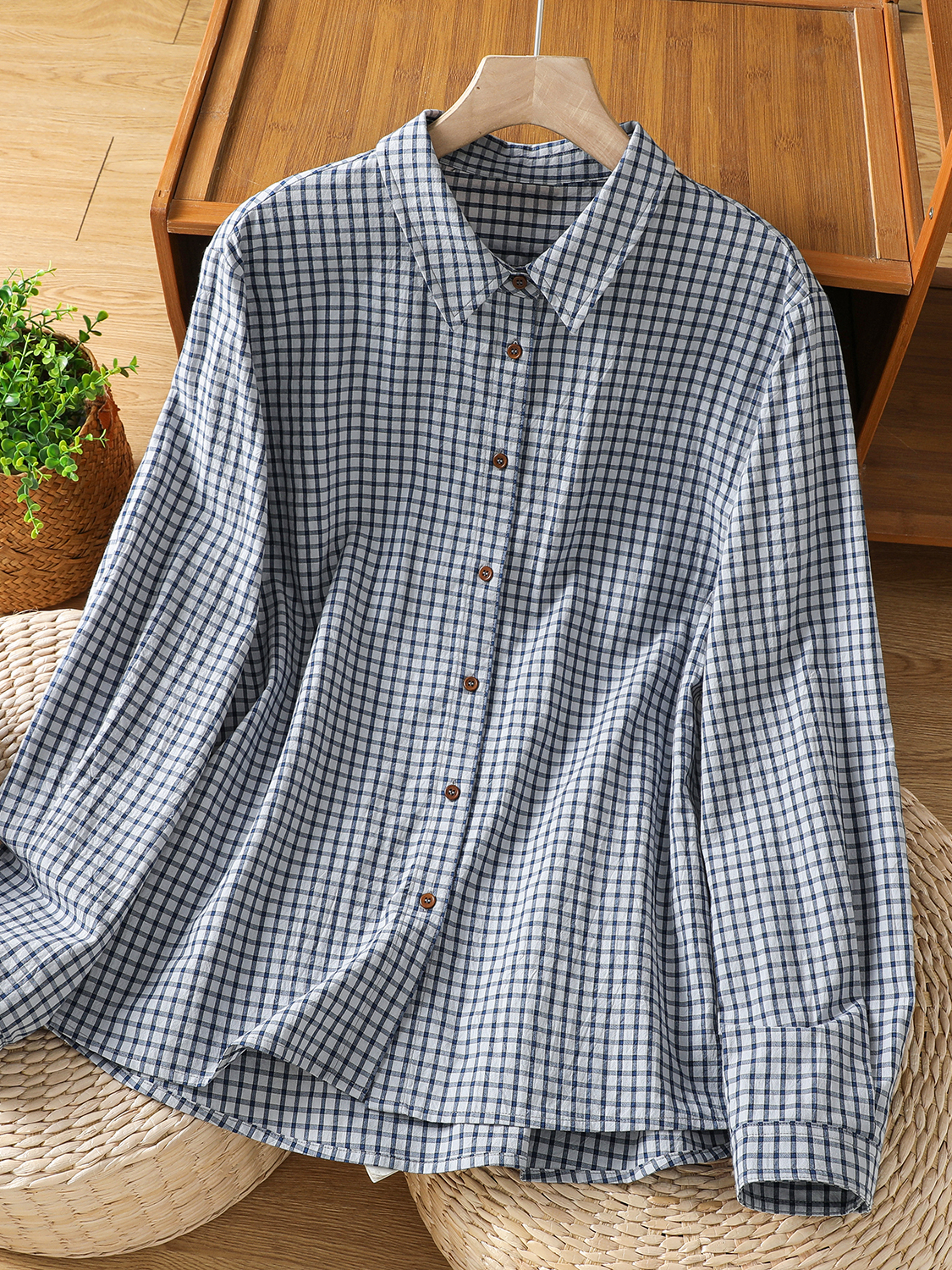 Vintage Fashion Years - High-End Blue White Plaid Long Sleeve