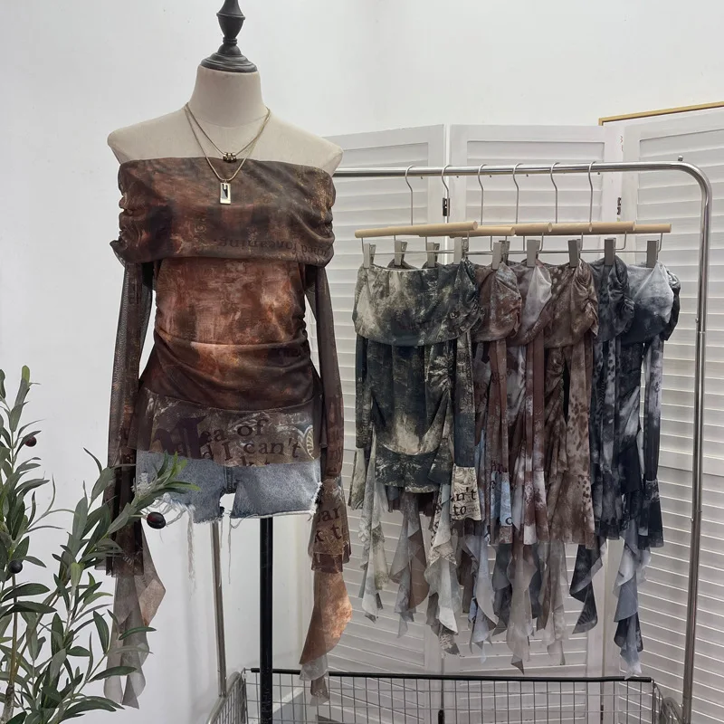 Women Sexy One Shoulder Stream - Tie Dye Shirt Vintage recension och pris