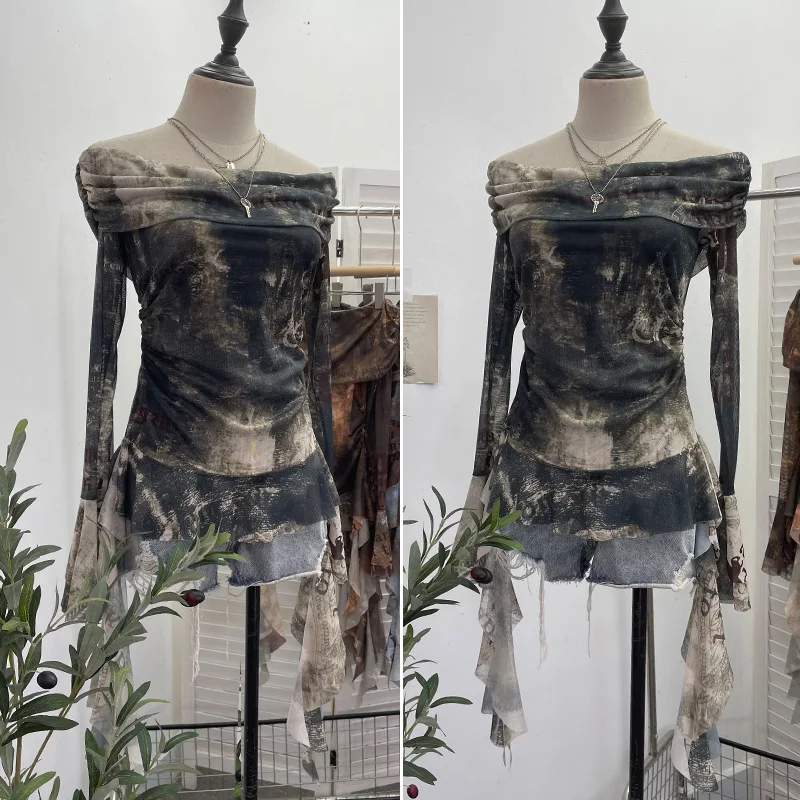 Women Sexy One Shoulder Stream - Tie Dye Shirt Vintage recension och pris