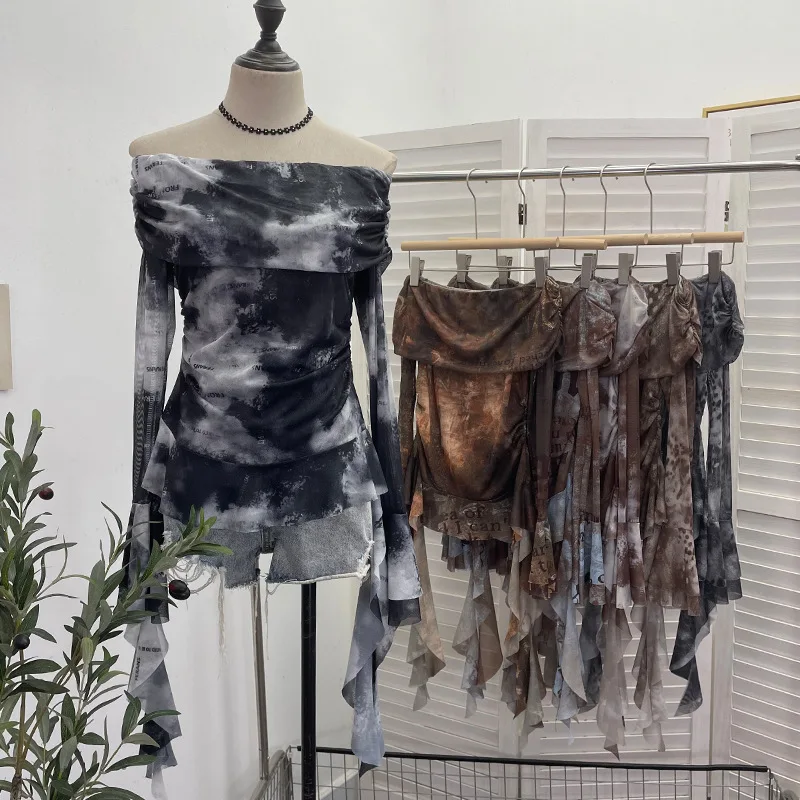 Women Sexy One Shoulder Stream - Tie Dye Shirt Vintage recension och pris