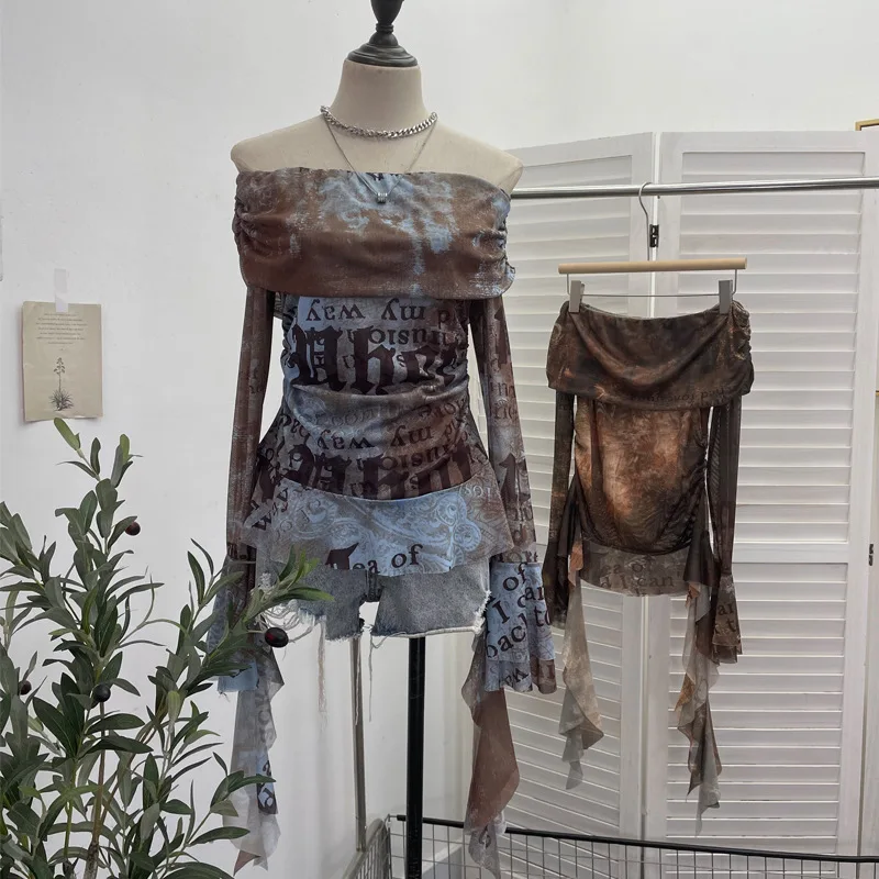 Women Sexy One Shoulder Stream - Tie Dye Shirt Vintage recension och pris